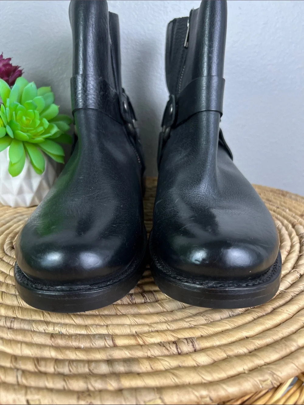 Frye Black Leather Harness Ankle Boots with Ring Detail